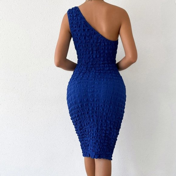 Blue One Shoulder Textured, Stretchy, Bodycon Dress SIZE 8/10 - Picture 2 of 6